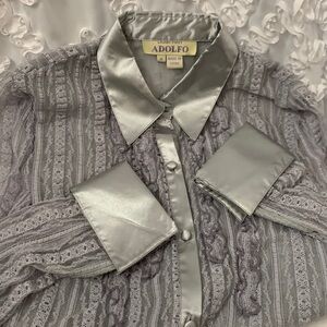 Adolfo Ladies First Vintage Embroidered Silver Gray Long Sleeve Satin Blouse M